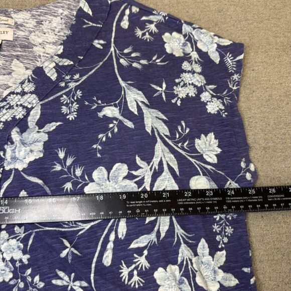 Laura Ashley Top Women 2X Blue Floral Linen Cropped Button Front Casual Boho - Picture 5 of 6